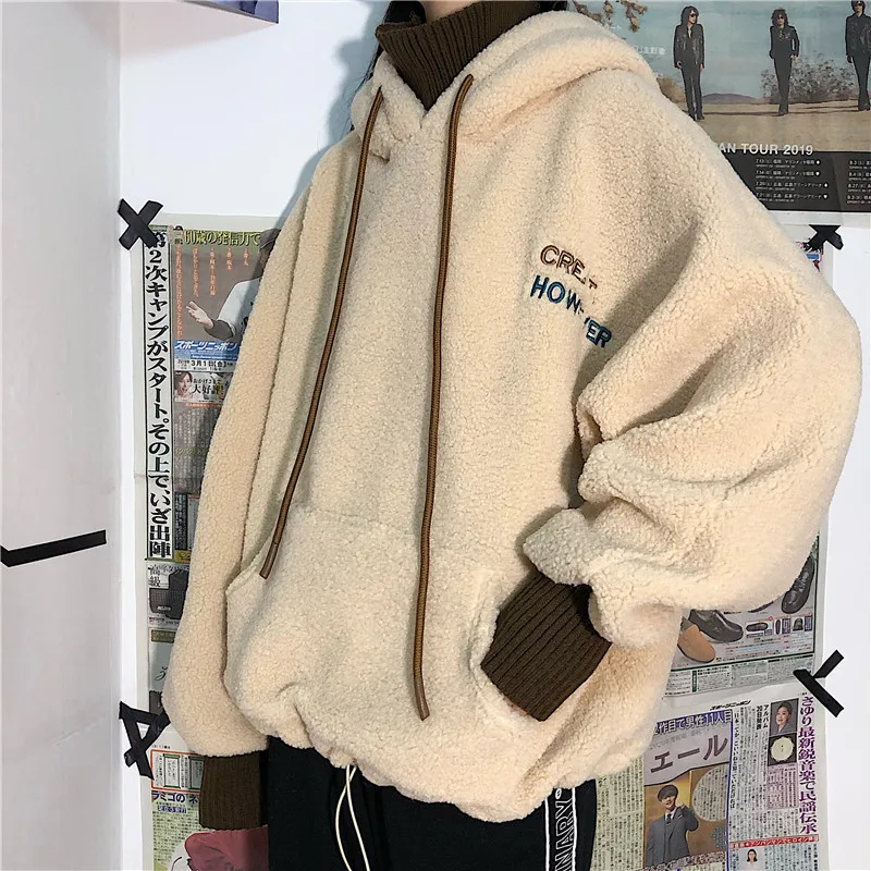 Корейский стиль instagram Harajuku винтажный овечьей шерсти с капюшоном Ulzzang женский