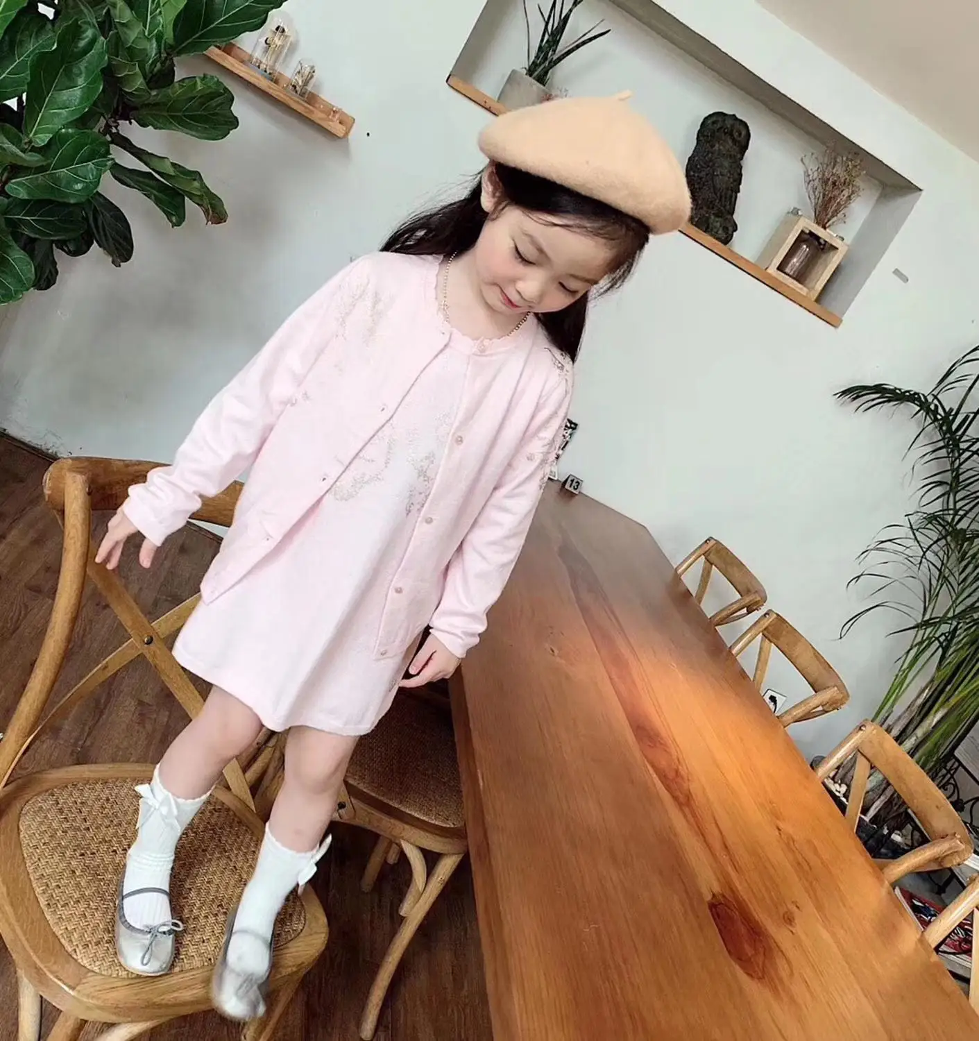 Трикотажное платье принцессы для девочек и вязаные кардиганы розовые хаки