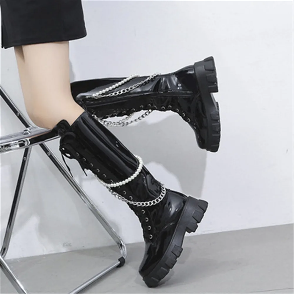 

Fashion Knee High Boots Women Shoes Autumn 2022 New Long Barrel Lacquer Leather Thick Sole British Style Pearl Chain Knight Boot