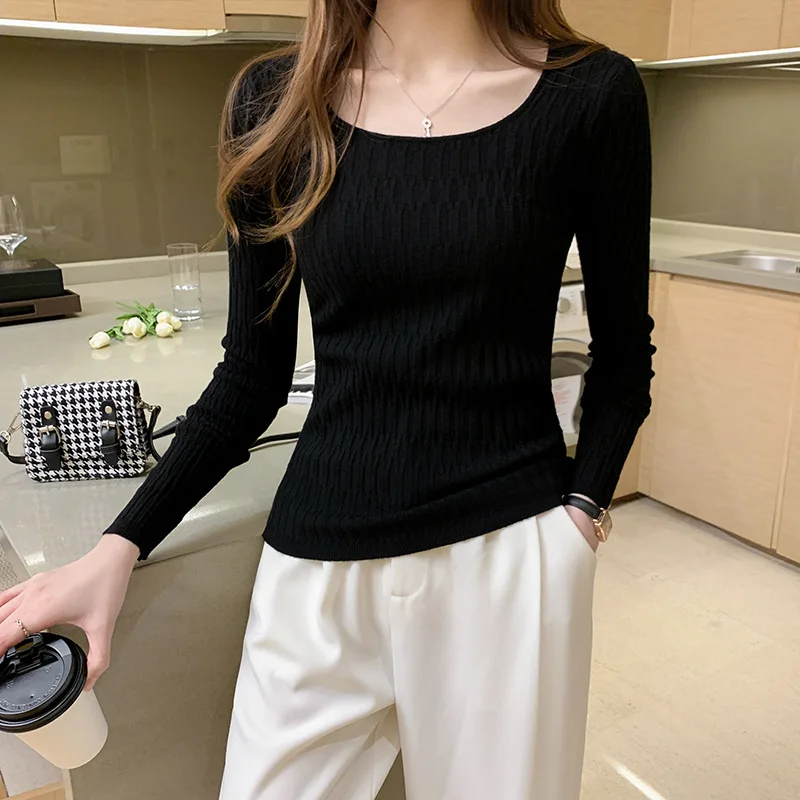 2020 autumn and winter New Korean women's clothing slim square collar shirt base long sleeve knitted fashion | Женская одежда