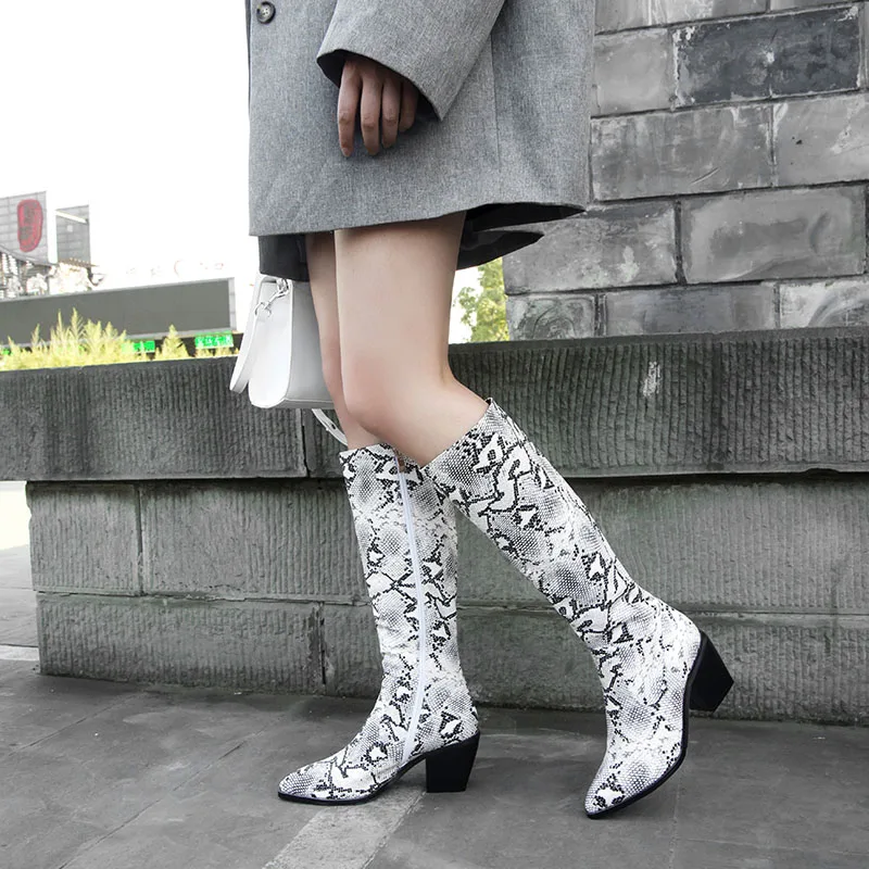 Женские высокие сапоги на молнии до колена из искусственной кожи толстом каблуке