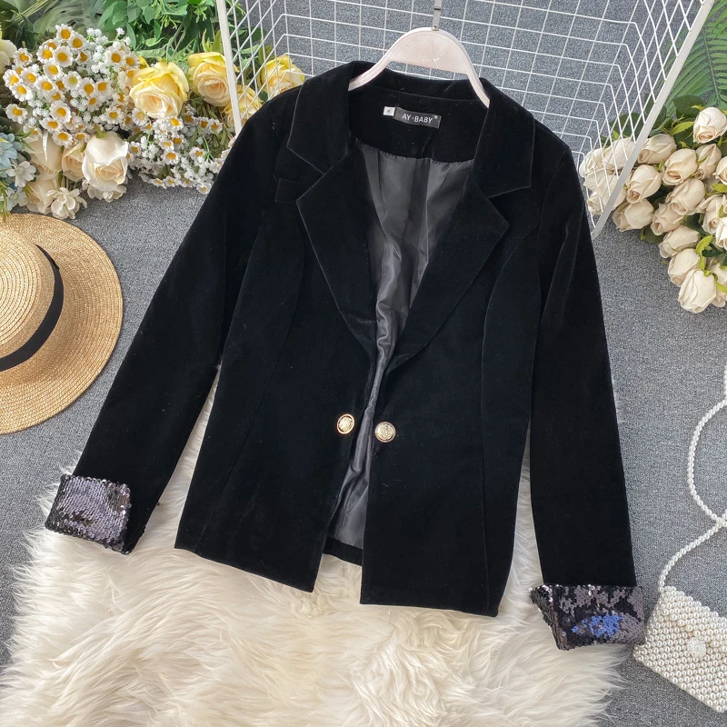 2020 новый модный весенний черный бархатный пиджак + комбинезон на груди комплект