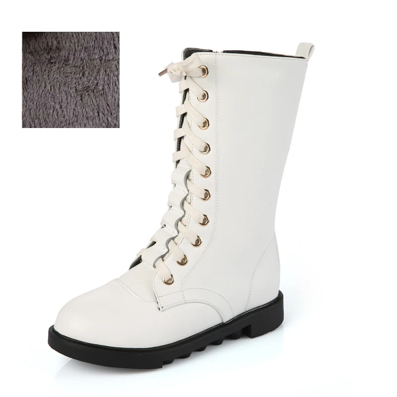 White cotton boots Детские зимние плюшевые высокие сапоги; кожаные зимние сапоги для девочек; цвет черный, белый, красный; Дизайнерские Сапоги принцессы для девочек-подростков; Размеры 26-39 - Цвет: White cotton boots