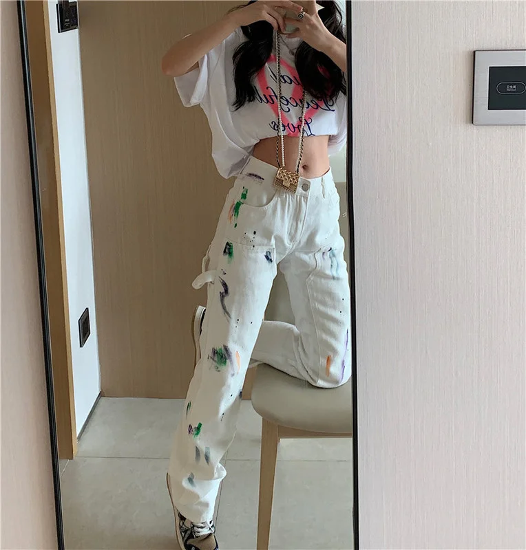 Белый брызговик в Корейском стиле-джинсы Ink Rac | Женская одежда