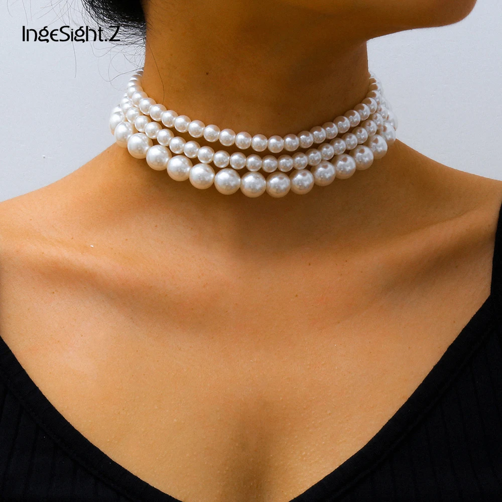 

IngeSight.Z 3Pcs/Set Boho Multi Layered Imitation Pearl Choker Necklace Statement Short Collar Clavicle Necklaces Women Jewelry