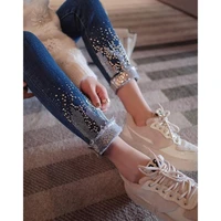2021 new hot rhinestone embroidery cuffed jeans casual womens high waist autumn and winter thin feet pants mother jeans