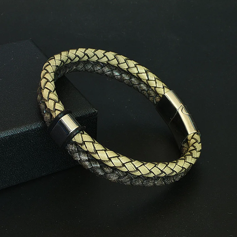 Модный кожаный мужской браслет из нержавеющей стали двухслойные браслеты с