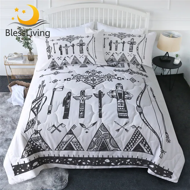 BlessLiving Tribal Quilt Tent Air-conditioning Duvet Bow and Arrow Beding Set Full Size Ethnic Cool Blanket Feather Home Decor 1