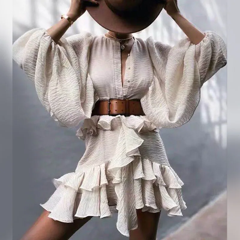 

Vintage New little ins pleated multi layered flowing lantern sleeve belt dress