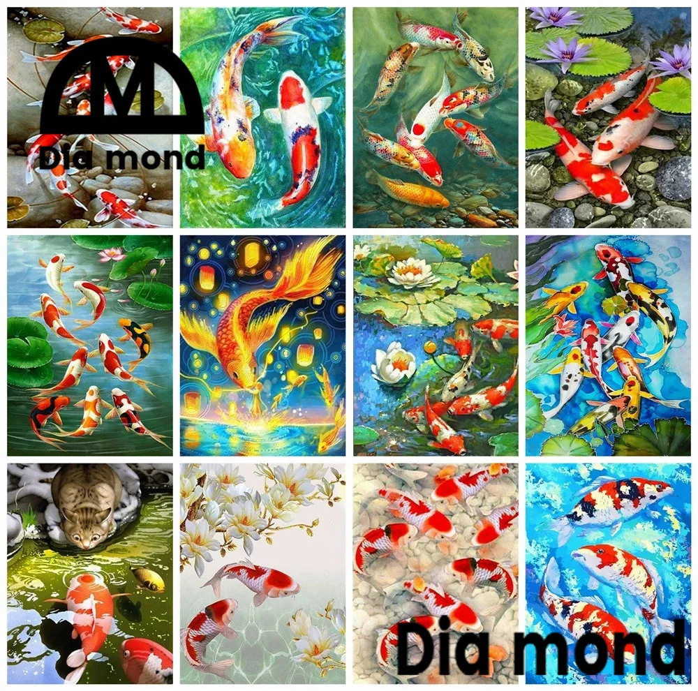 

Koi Carp Diy Diamond Painting Full Drill Mosaic Art Decal Fish Lotus Lake Picture of Rhinestone 5D Diamond Embroidery Home Decor