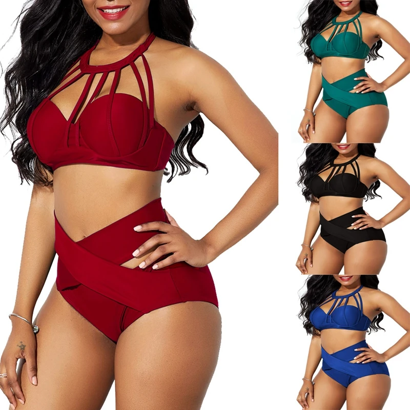 

2021 Summer Clothes Sexy Bikini Split Set High Waist Solid 2 Piece Set Women with Chest Pad Swimwear Beachwear Wholesale Items