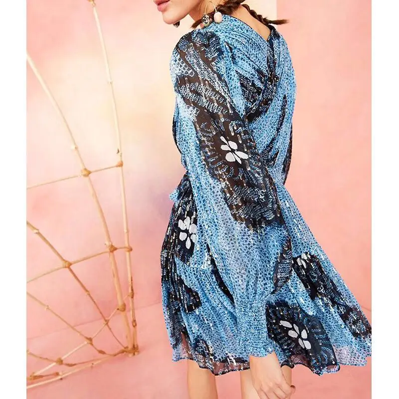 Мини-платье с длинным рукавом V-образным вырезом и поясом | Женская одежда