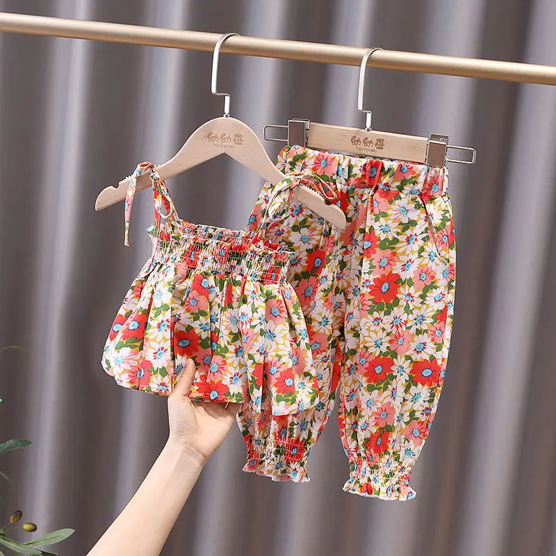 

Новинка 2021, летний детский костюм в горошек в западном стиле из двух предметов на лямках с коротким рукавом для девочек, P5920