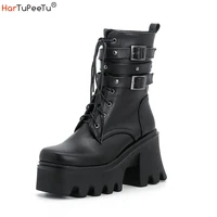 women martin boots goth black lace up combat ankle booties with chunky block heel punk style girls platform shoes size 3543