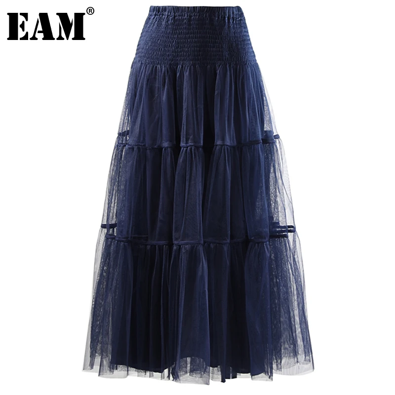 

[EAM] юбка с высокой талией, темно-синяя, сетчатая, двухслойная, длинная, праздничная, средней длины, женская, модная, новинка, весна-осень 2022, ...