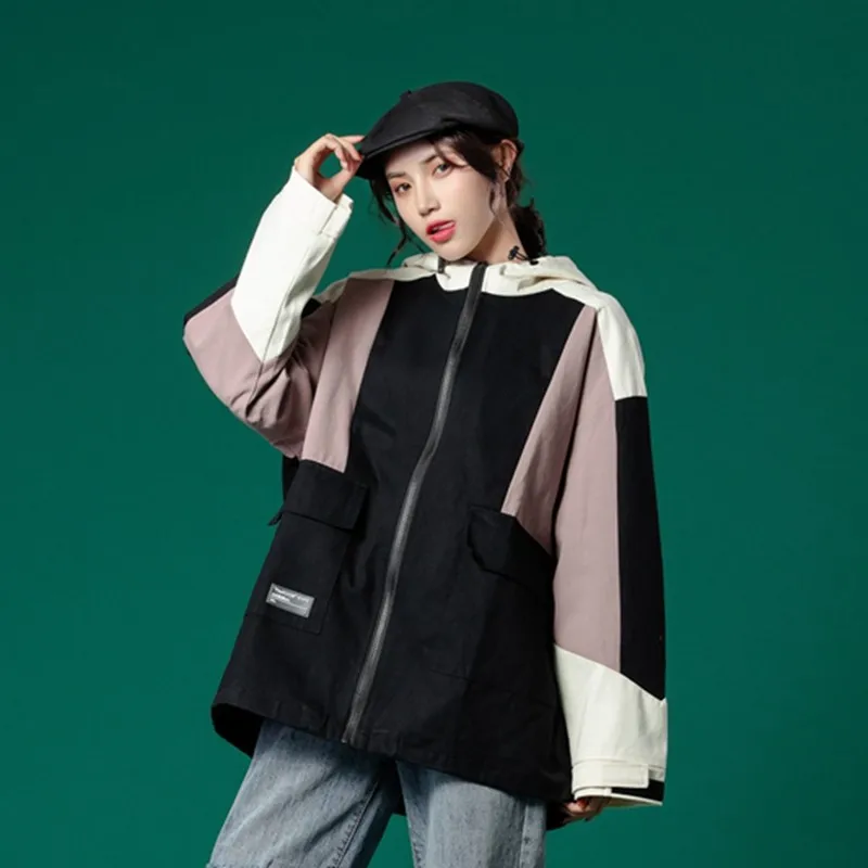 

Women's Coat 2022 Spring Autumn New Baseball Uniform Hooded Korean Loose Bf Student Tooling Hong Kong Style Patchwork Jacket