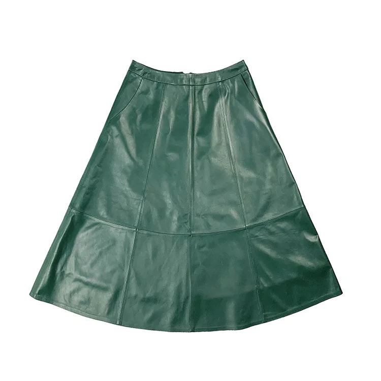 

Summer Real Leather Sheepskin Womens A-line Skirts Green Red Long Midi Big Skirt Woman Vintage Elegant Skirt For Office Ladies