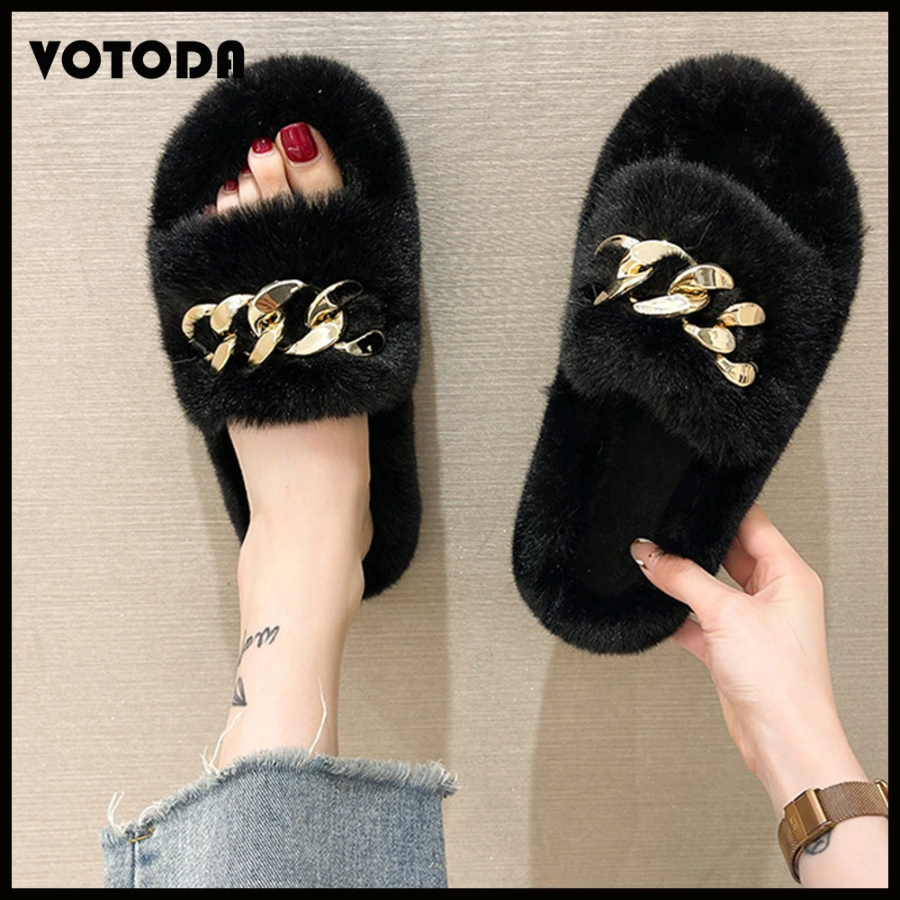 

Сланцы женские зимние, теплые шлепанцы для дома, в полоску, на цепочке, однотонные, Нескользящие, повседневная домашняя обувь