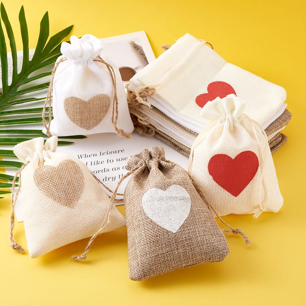 24pcs 14x10cm Burlap Packing Pouches Drawstring Bags Gift Bag Candy Wedding Party Valentine's day Favor Pouch Packaging Storage