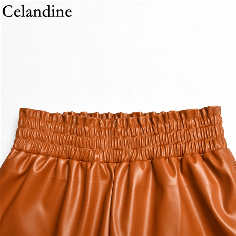 

Celandine Spring Autumn Sexy PU Leather High Waist Shorts Women Casual Wide Leg Short Ladies Elegant A Line Black Shorts 2020