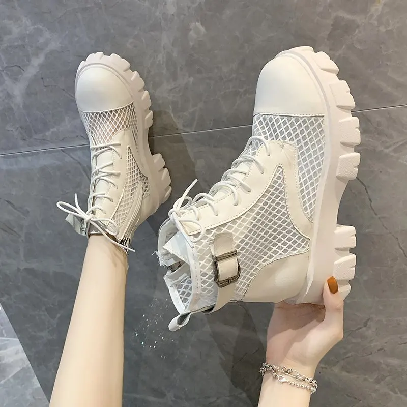 Rimocy Classic Women Thick Bottom Black Mesh Summer Boots Round Toe Zipper Lace Up Platform Shoes Woman High Heels Ankle Botas