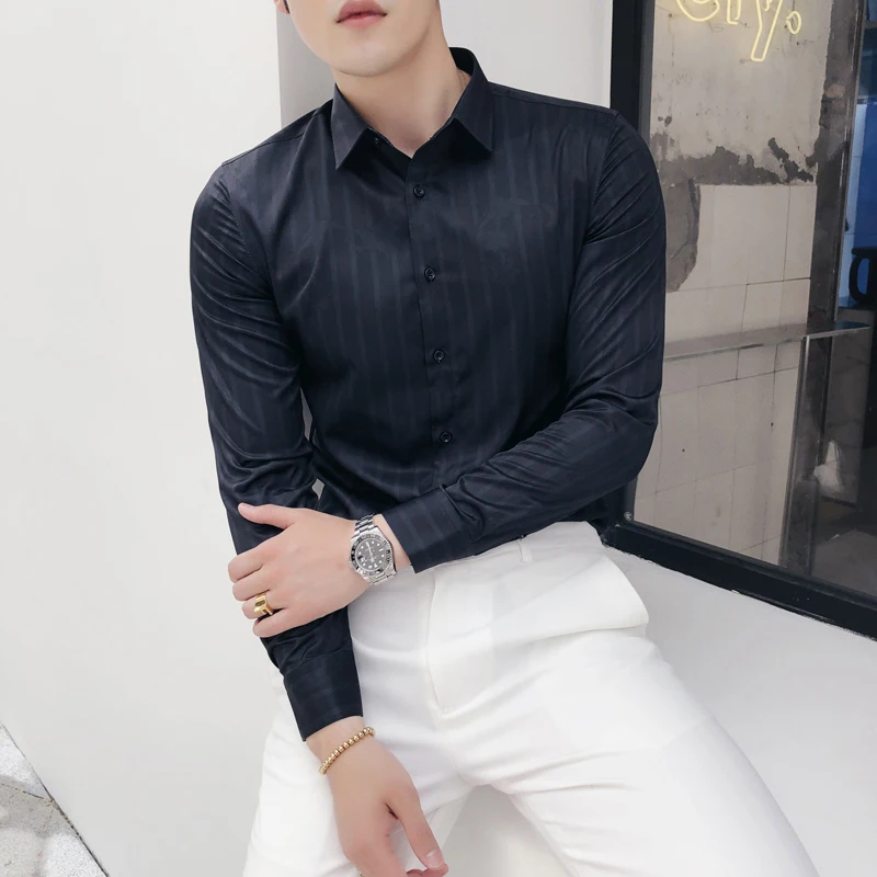 Мужская Повседневная рубашка в Вертикальную Полоску с длинным рукавом Корейская