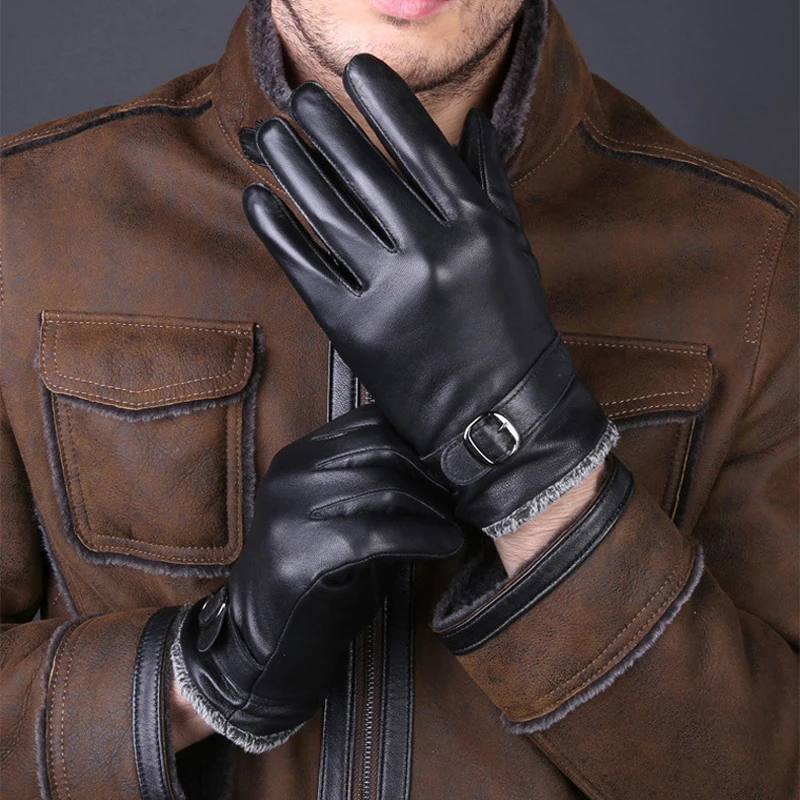 

Brand men's real sheepskin leather gloves. Bicycle gloves men's winter coral fleece to keep warm. Finger guard driving gloves