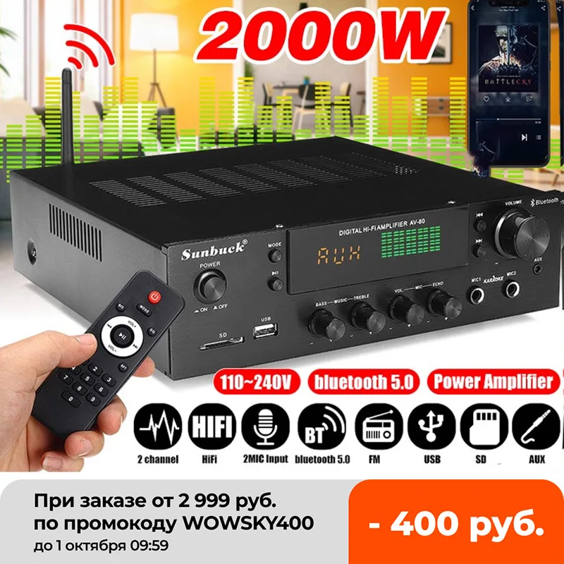 

Sunbuck 2000W bluetooth Stereo Amplifier HiFi 2.0 Audio Power Remote Control Headphone Jack USB SD AV-80