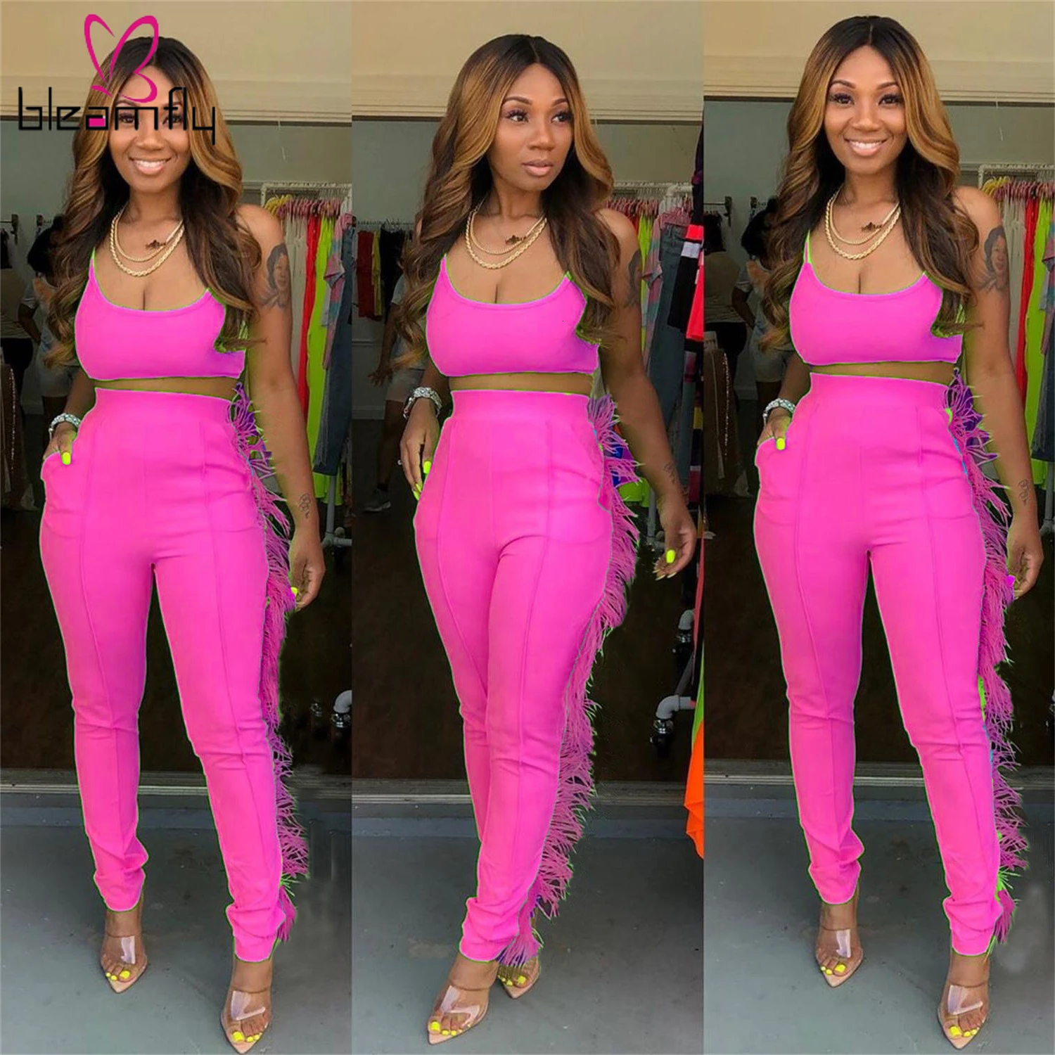 Новинка 2019 женский летний однотонный топ на бретелях и штаны с кисточками