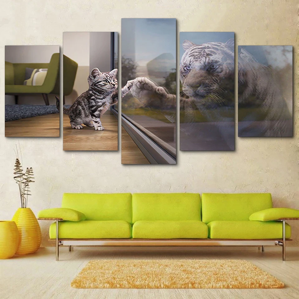 

No Frame Art Canvas Wall HD Modular 5 Pcs Mirror Little Cats & Tiger Modern Animal Pictures Living Room Home Decoration Printing