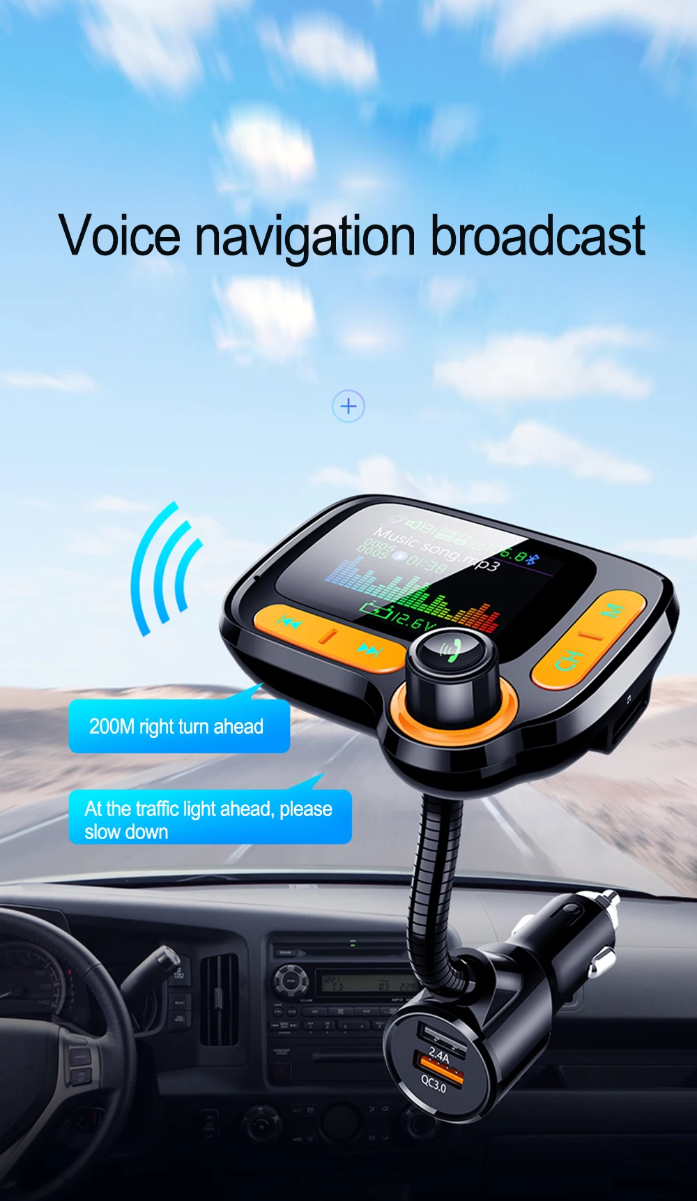 JINSERTA QC3.0, зарядное устройство, режим эквалайзера, автомобильный Bluetooth 5,0, fm-передатчик, громкая связь, 1,77 дюймов, TFT цветной экран, автомобильный комплект, поддержка AUX/TF/U диска
