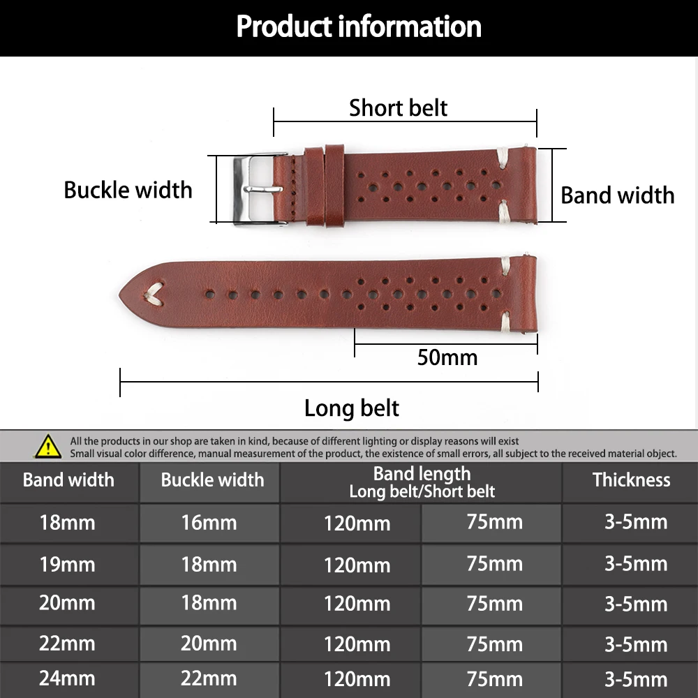 Genuine Leather Watch Strap Porous Breathable Watchband 18mm 20mm 22mm 24mm Handmade Stitching Watch Bracelets Replacement