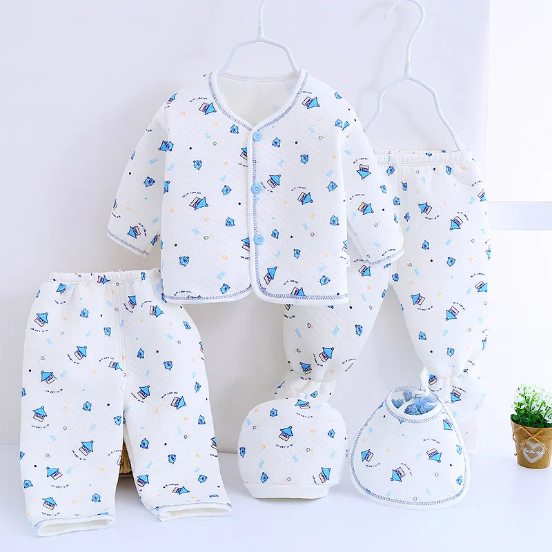 

New 0-3M Newborn Baby Clothes Set Plus velvet warm autumn winter Cartoon Outfit Infant Girl Boy Clothing Suit Outfit 5Pcs/Set