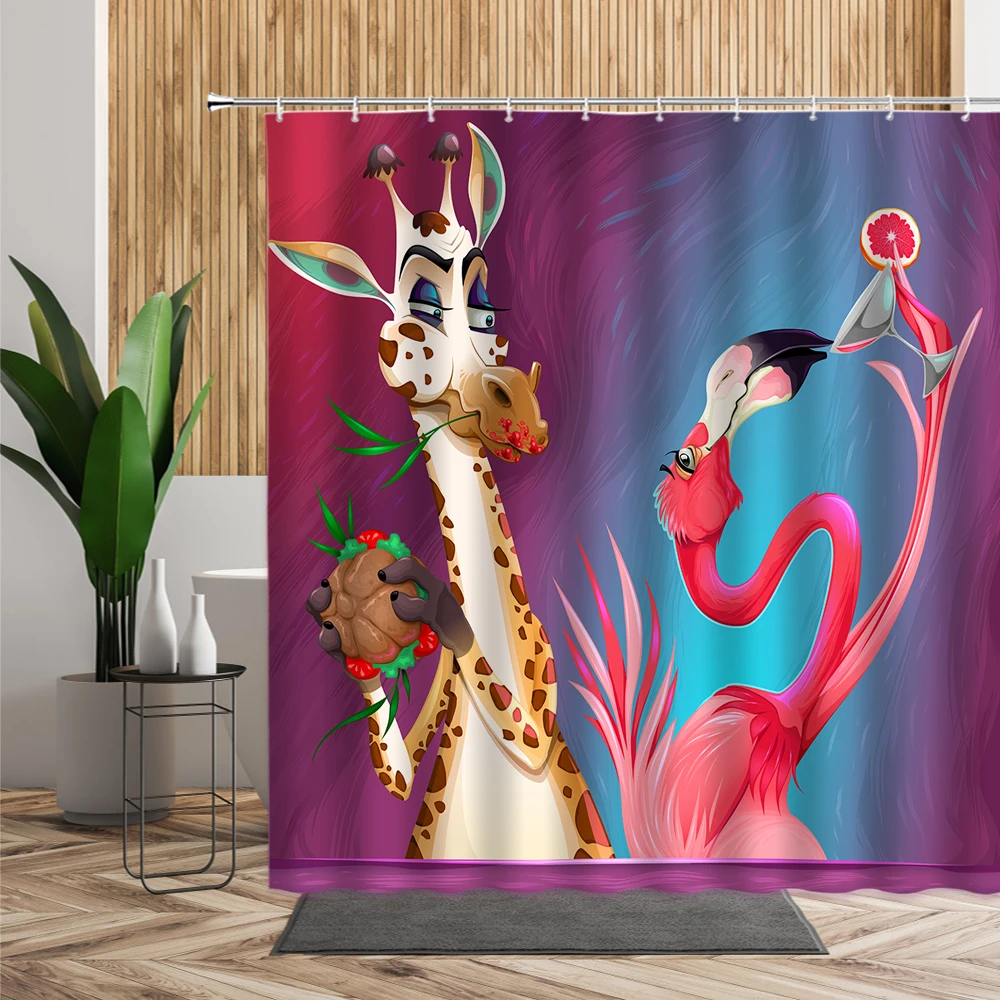 

Funny Giraffe Flamingo Shower Curtain Cartoon Animals Animation Pattern Curtains Colored Originality Childen Bathroom Decors Set
