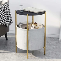 round side table with fabric storage basket storage end table industrial wood coffee table with metal frame for living room
