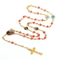 YiJia Wholesale Jesus Pendant Catholic Chaplet Gold Color Necklace For Women Men Virgin Mary Glass Beads Prayer Jewelry