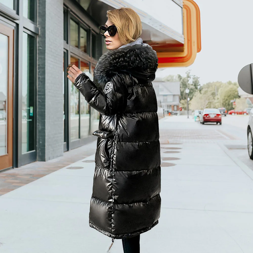 Women's S-XXL Winter Thickening Casual Long Hooded Jacket Black Shiny Parka Fur Collar Jacket Fashion Warm Down Jacket