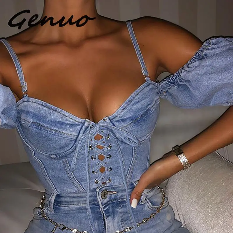 Женская Джинсовая блузка на завязках элегантная голубая с рукавами фонариками