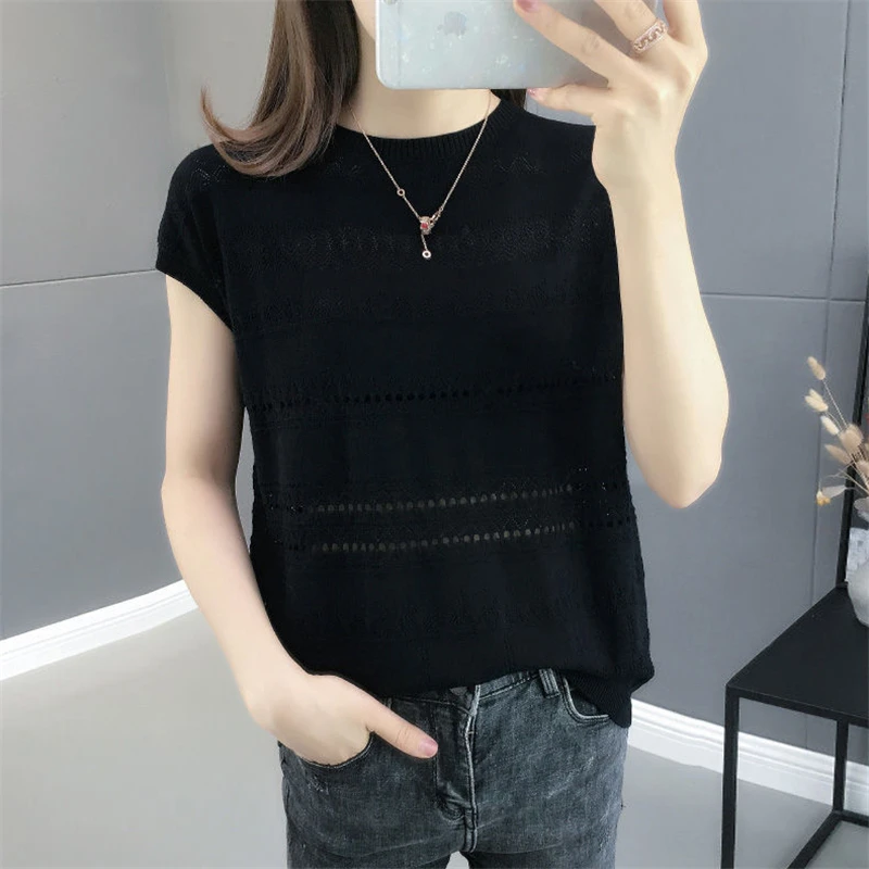 

Plus Size Hollow Out Short Sleeve T-Shirt Women Korean Style Solid Mom's Knitted Tees Casual Summer O-Neck Knitwear tops Female