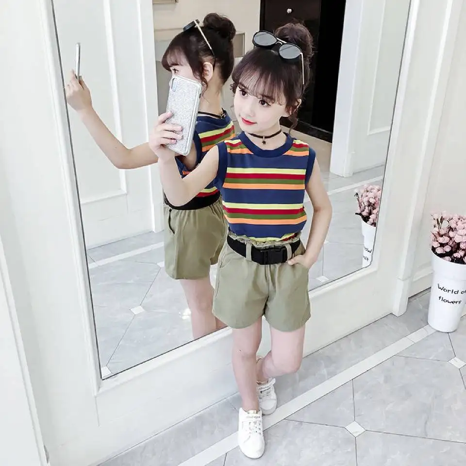 

2-12 Yrs Fashion Girls Skinny Sleeveless Round Neck Pullover T-Shirts + Shorts 2Pcs Set Summer Baby Kids Girls Clothes Outfits