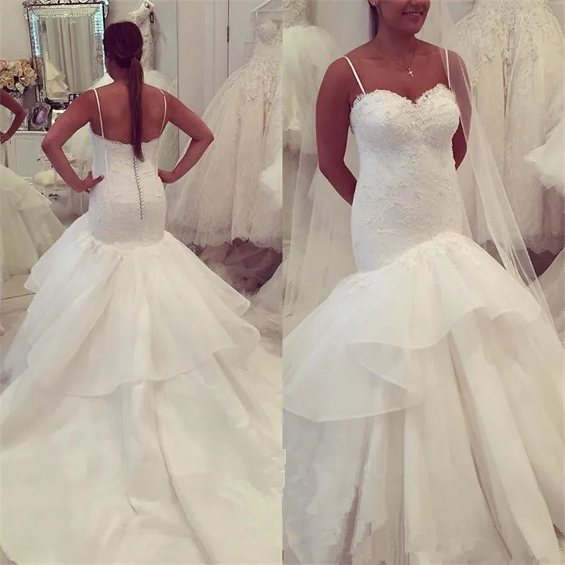 

New Design Mermaid Lace Wedding Dresses Sequined Beaded Organza Ruffles Plus Size Chapel Train Arabic African Bridal Gowns