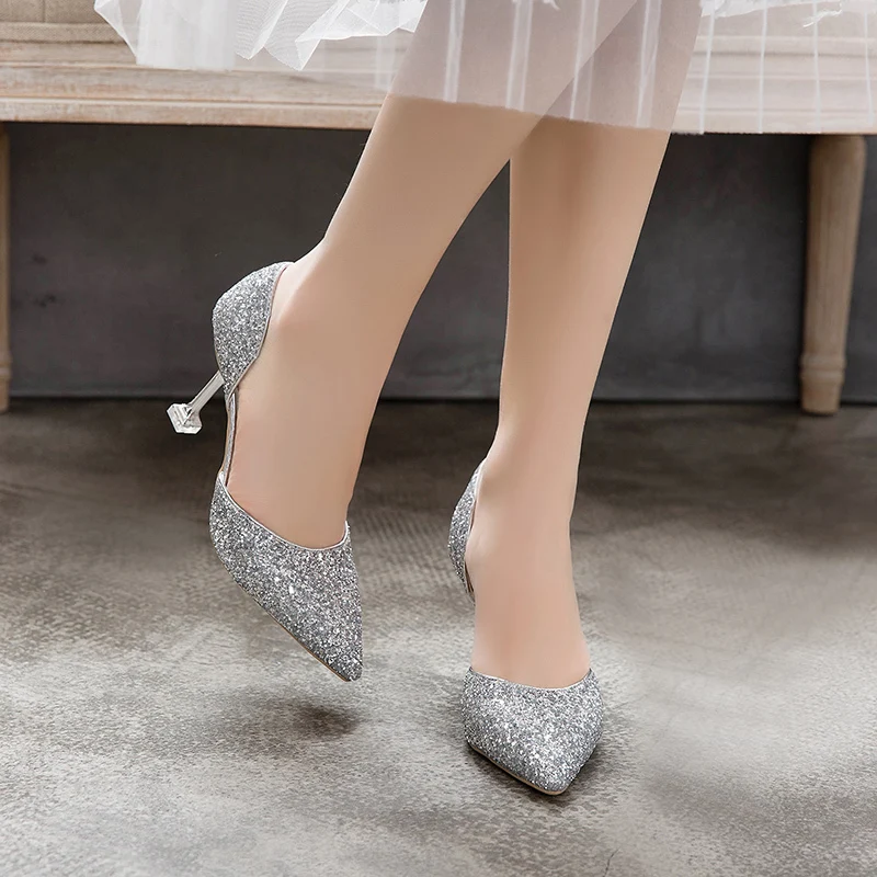 Женские туфли-лодочки на высоком каблуке с блестками Пикантная обувь шпильке