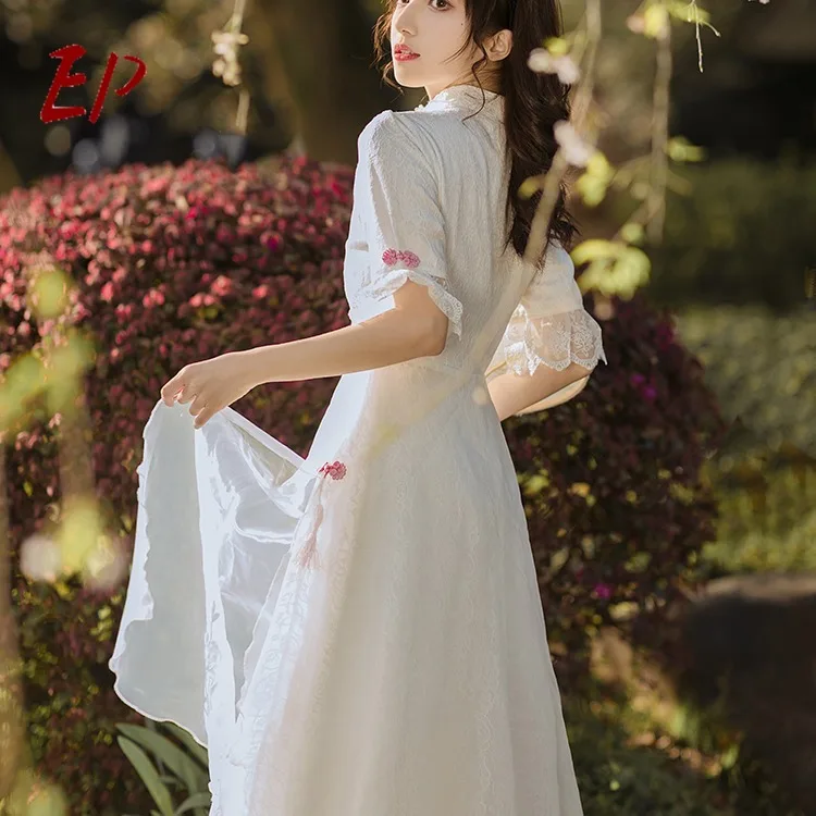 

EP 2021 New Summer New Elegant Sweet Lace Stitching Organza Printed Retro-Artistic Modified Dress
