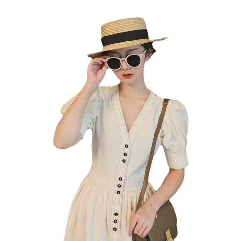 

Elegant Business Lady Dress 2021 Summer Retro High Waist Lantern Sleeve Dress Temperament V-neck Buttons Slim Waist Midi Vestido