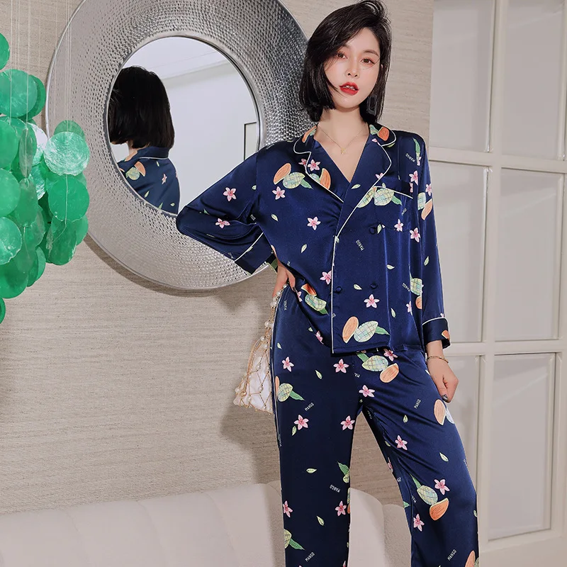 Двубортные пижамные комплекты с принтом из ледяного шелка для женщин домашняя