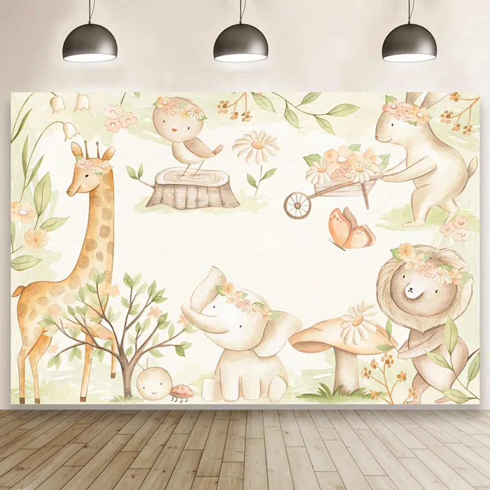 

Custom Kids Cartoon Birthday Photography Background Spring Forest Zoo Butterfly Flower Bear Fox Squirrel Animal Party Backdrop