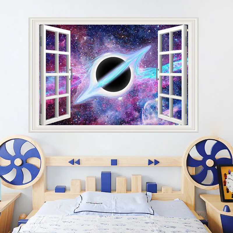

3D Window Broken Wall Wonderful Cosmic Space Black Hole Wall Sticker Removable Wallpaper Kids Room Home Decal Home Mural Decor