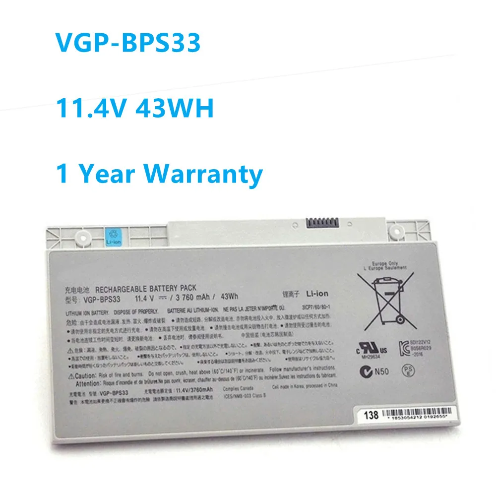 

New VGP-BPS33 Laptop Battery For Sony VAIO SVT-14 SVT-15 T14 T15 T14118CC Touchscreen Ultrabooks Series 11.4V 43Wh