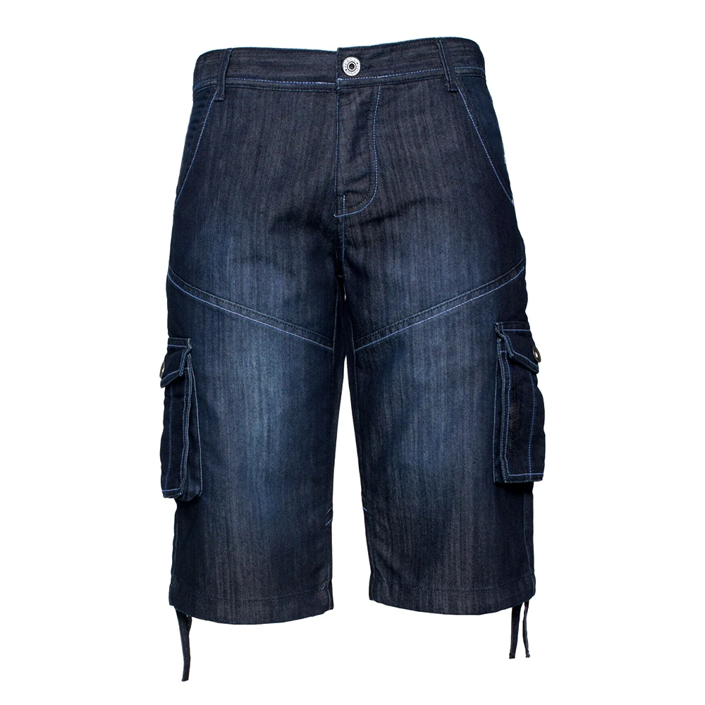 Мужские джинсовые шорты карго темно синие с контрастной строчкой и карманами