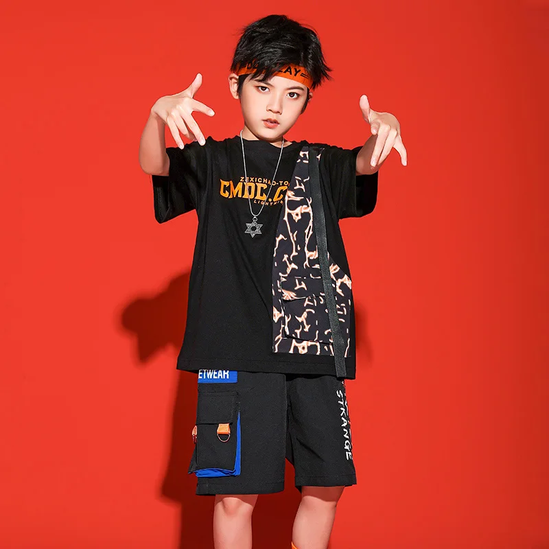 Черный костюм в стиле хип-хоп для летних уличных танцев детский бега праздничная